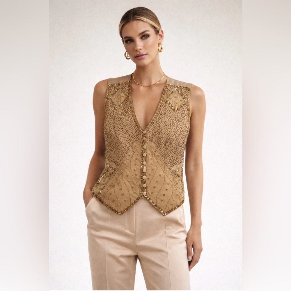Vintage Spenser Jeremy Silk Beaded Vest Gold Sequin Embellished Size M Evening